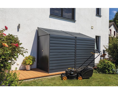 Abri de jardin en plastique avec tondeuse à gazon dans le jardin