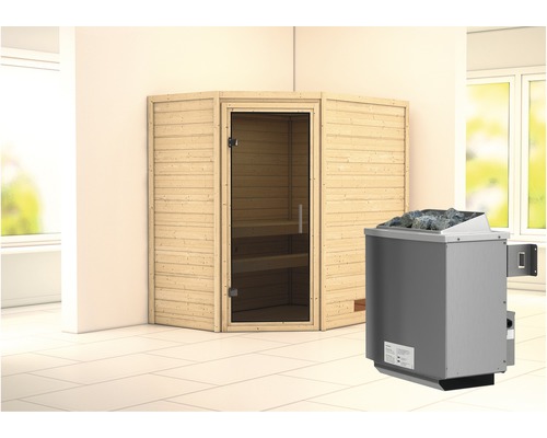 Sauna en bois massif Karibu Svea avec poêle 9 kW et commande intégrée sans couronne avec porte entièrement vitrée couleur graphite