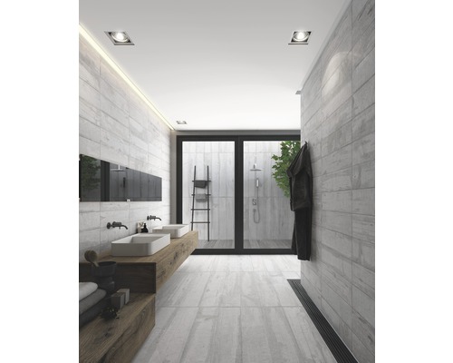 Salle de bains moderne avec double vasque, meuble sous-vasque en bois et douche à l''italienne