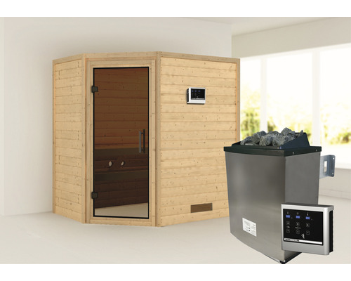 Sauna en bois massif Karibu Svea avec poêle 9 kW et commande externe sans couronne avec porte entièrement vitrée couleur graphite