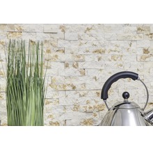 Mur en pierre décoratif avec des graminées ornementales et une bouilloire en acier inoxydable