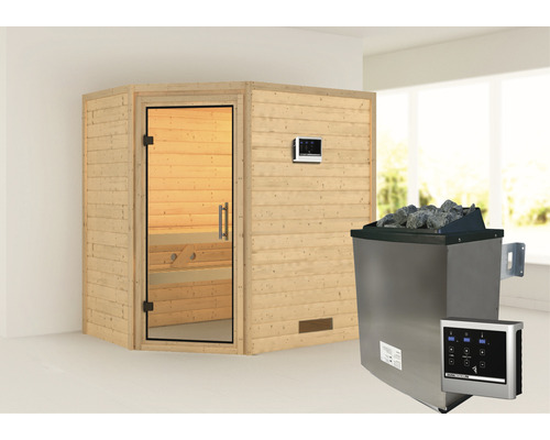 Sauna en bois massif Karibu Svea avec poêle 9 kW et commande externe sans couronne avec porte entièrement vitrée en verre transparent