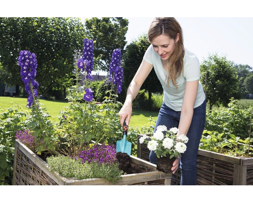 Frau pflanzt Blumen in ein Hochbeet im Garten.