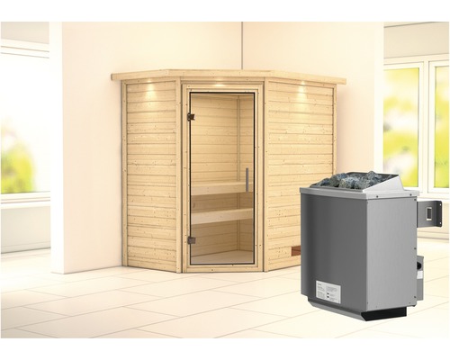 Sauna en bois massif Karibu Svea avec poêle 9 kW et commande intégrée avec couronne et porte entièrement vitrée en verre transparent