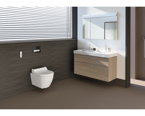 Modernes Badezimmer mit wandhängendem WC, Waschtisch und Spiegel