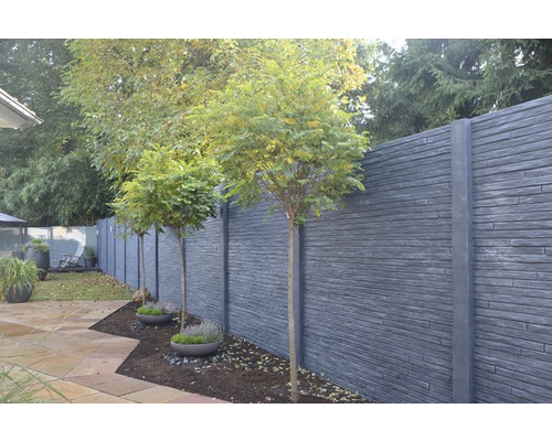 Vue de jardin avec mur en pierre grise et arbres