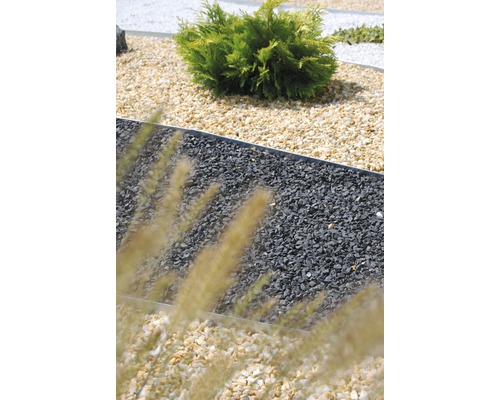 Jardin avec gravier décoratif, plante et bordure de gazon