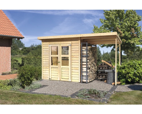 Abri de jardin Karibu Klosterburg avec toit en appentis 390 x 175 cm naturel Abri à bois avec double porte et auvent intégré dans le jardin.