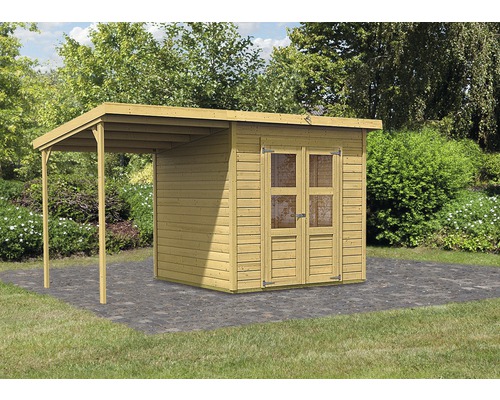Abri de jardin Karibu Klosterburg avec toit en appentis 390 x 236 cm naturel Abri de jardin avec annexe en bois avec double porte
