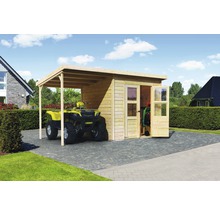 Garage en bois avec annexe et quad garé à l''intérieur