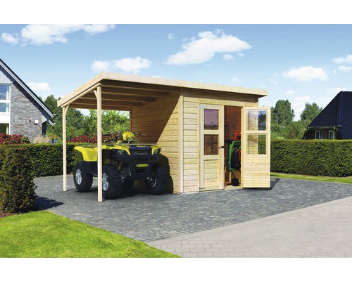 Abri de jardin Karibu Klosterburg avec toit en appentis 415 x 236 cm naturel Garage en bois avec annexe et quad garé à l''intérieur