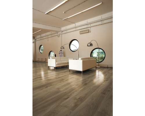 Pièce lumineuse avec plancher en bois, canapés et fenêtres rondes.