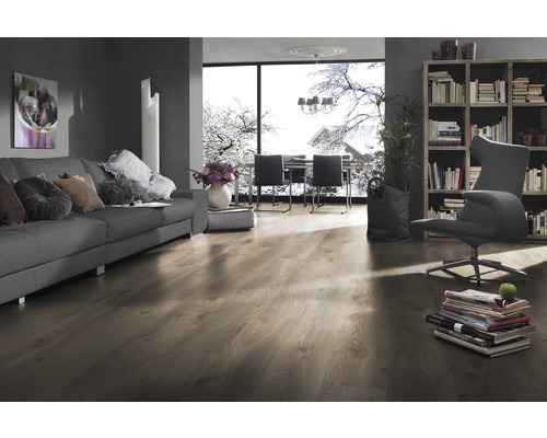 Salon avec canapé, fauteuil, bibliothèque et sol stratifié.