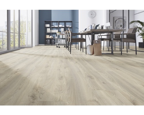 Bureau moderne et lumineux avec sol stratifié aspect bois, bureau et étagères