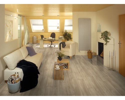 Salon lumineux avec sol stratifié, canapé, fauteuil et bureau