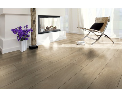 Pièce lumineuse avec sol stratifié, cheminée et fauteuil