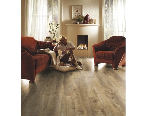 Salon avec sol stratifié, canapé, fauteuil et cheminée