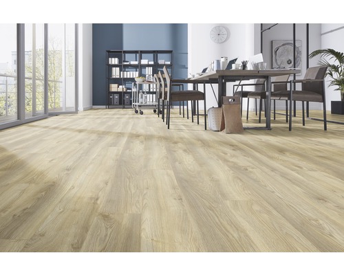 Bureau lumineux avec plancher en bois clair, bureau et étagères