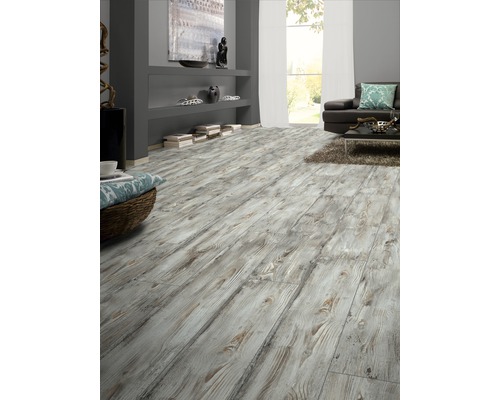 Salon avec plancher en bois clair, étagère et canapé