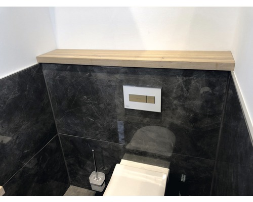 Modernes Badezimmer mit Toilette, Betätigungsplatte und Ablage