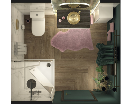 Draufsicht eines Badezimmers mit Dusche, Toilette, Waschtisch und Dekoration