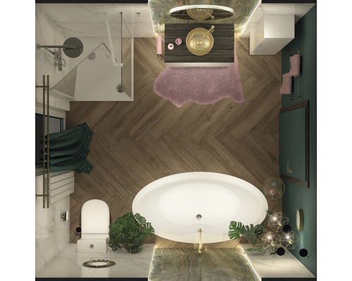 Draufsicht eines Badezimmers mit Badewanne, Dusche, Waschtisch und Toilette