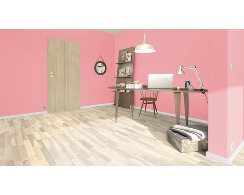 Pièce lumineuse avec porte, bureau et étagères