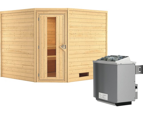 Blockbohlensauna Woodfeeling Leona inkl. 9 kW Ofen u.integr.Steuerung ohne Dachkranz mit Holztüre und Isolierglas wärmegedämmt