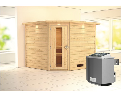 Blockbohlensauna Woodfeeling Leona inkl. 9 kW Ofen u.integr.Steuerung mit Dachkranz und Holztüre mit Isolierglas wärmegedämmt