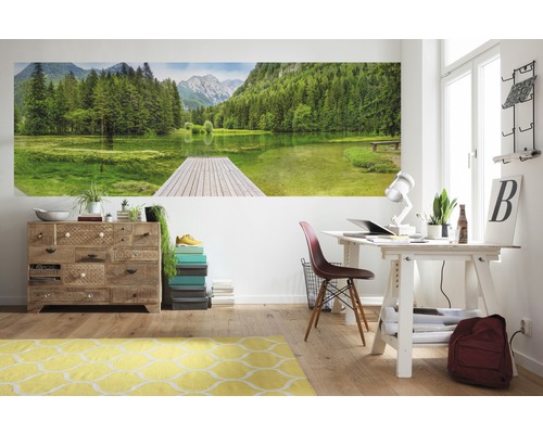 Aménagement intérieur avec papier peint photo représentant un lac forestier, commode et bureau