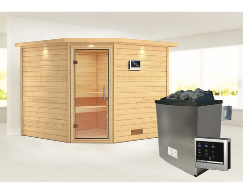 Sauna en bois massif Karibu Leona avec poêle 9 kW et commande externe avec couronne et porte entièrement vitrée en verre transparent