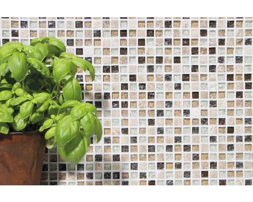Mur de carreaux de mosaïque avec plante de basilic en pot