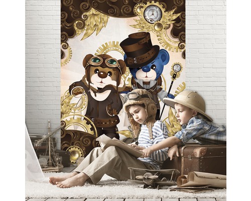 Fototapete mit Steampunk-Teddybären und spielenden Kindern im Kinderzimmer