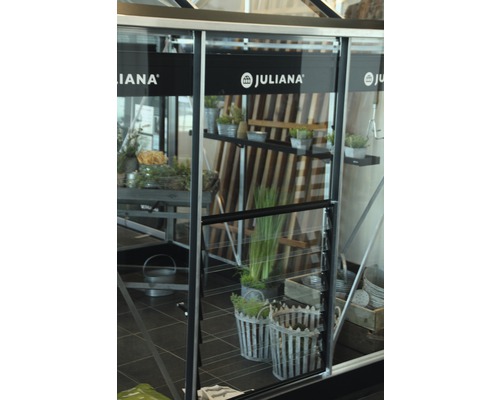 Serre avec plantes et étagères. Logo Juliana.