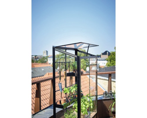 Serre avec plantes et outils de jardin sur une terrasse de toit