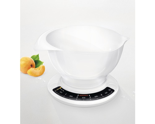 Analoge Küchenwaage mit Schüssel und Pfirsichen