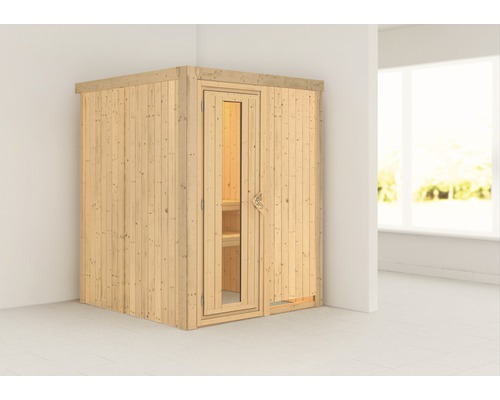 Sauna modulaire Karibu Sinja sans poêle ni couronne, avec porte en bois et verre isolé thermiquement