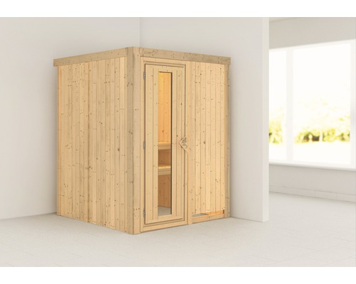 Elementsauna Karibu Sinja ohne Ofen und Dachkranz mit Holztüre und Isolierglas wärmegedämmt