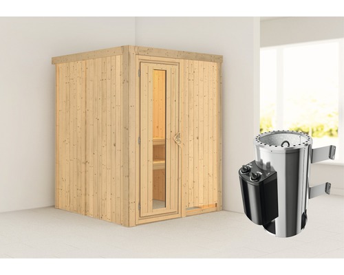 Sauna modulaire Karibu Sinja avec poêle 3,6 kW et commande intégrée, sans couronne, avec porte en bois avec verre isolé thermiquement