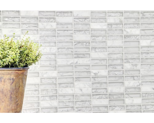 Mur avec carreaux de mosaïque et plante en pot.