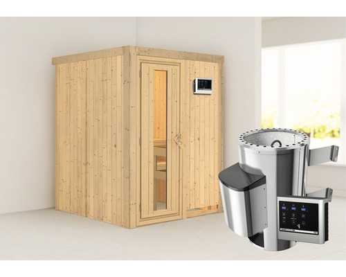 Sauna modulaire Karibu Sinja avec poêle 3,6 kW et commande intégrée, sans couronne, avec porte en bois avec verre isolé thermiquement