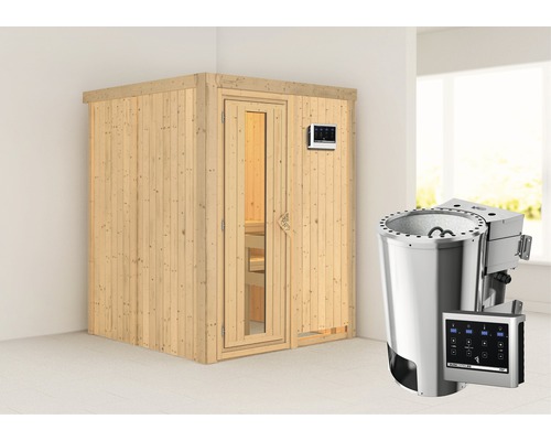 Sauna modulaire Karibu Sinja avec poêle Bio 3,6 kW et commande externe, sans couronne, avec porte en bois en verre isolé thermiquement