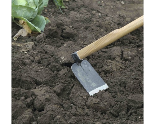 Houe de jardin avec manche en bois dans le parterre