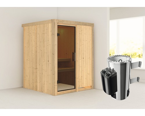 Sauna modulaire Karibu Sinja avec poêle 3,6 kW et commande intégrée sans couronne avec porte entièrement vitrée coloris graphite