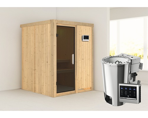 Sauna modulaire Karibu Sinja avec poêle bio 3,6 kW et commande externe, sans couronne avec porte entièrement vitrée coloris graphite