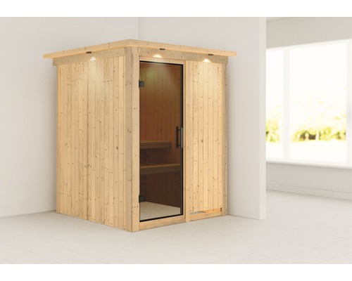 Sauna modulaire Karibu Achat I sans poêle, avec couronne et porte entièrement vitrée coloris graphite