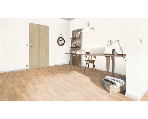 Aménagement intérieur avec porte en bois, bureau et décoration