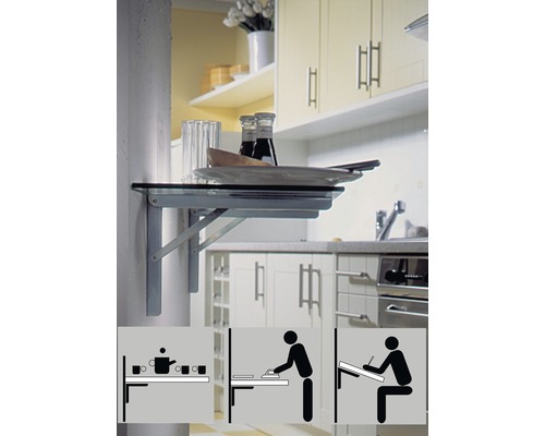 Wandklapptisch in Küchenumgebung mit Anwendungsbeispielen als Icons