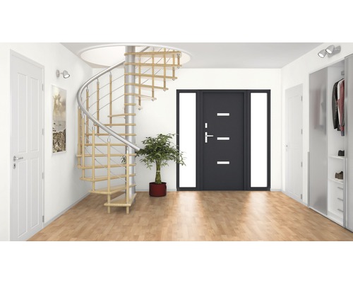 Couloir avec escalier en colimaçon, porte d''entrée et armoire de vestiaire