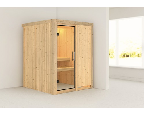 Sauna modulaire Karibu Sinja sans poêle ni couronne, avec porte entièrement vitrée transparente